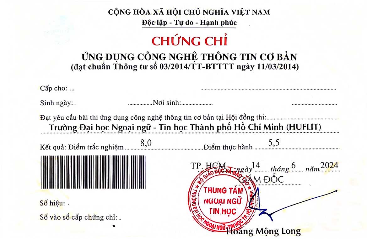 Mẫu Chứng chỉ Tin học cơ bản - Trường ĐH Ngoại ngữ Tin học TPHCM