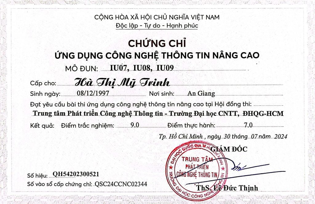 Mẫu Chứng chỉ Ứng dụng CNTT Nâng cao - Chứng chỉ Tin học Nâng cao