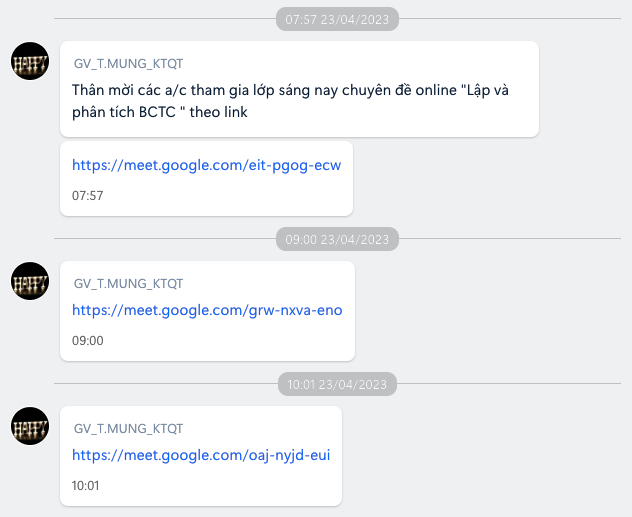 Giảng viên gửi link tham gia lớp học đến học viên