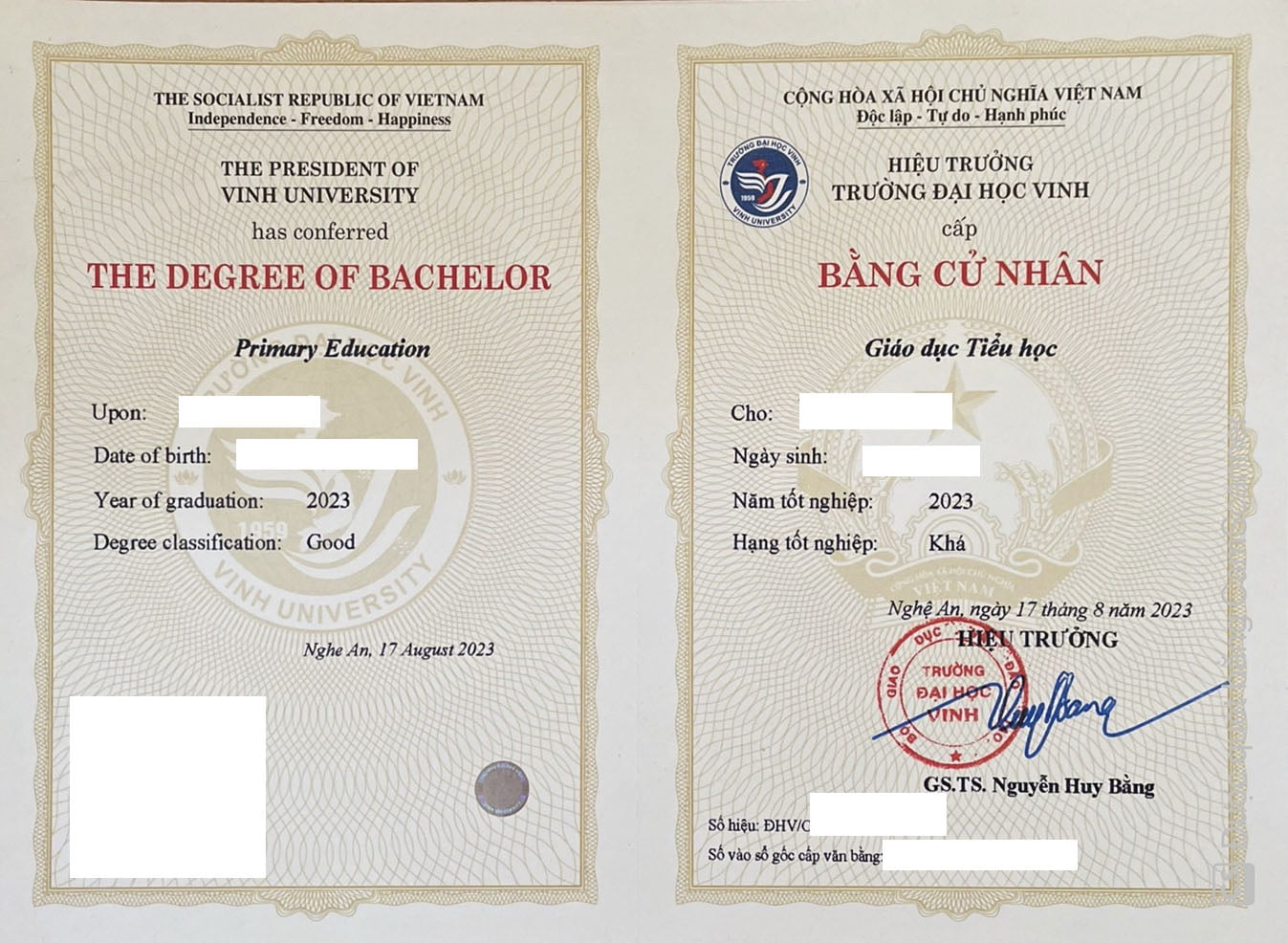 Bằng tốt nghiệp Đại học Sư phạm tiểu học - Đại học VINH cấp