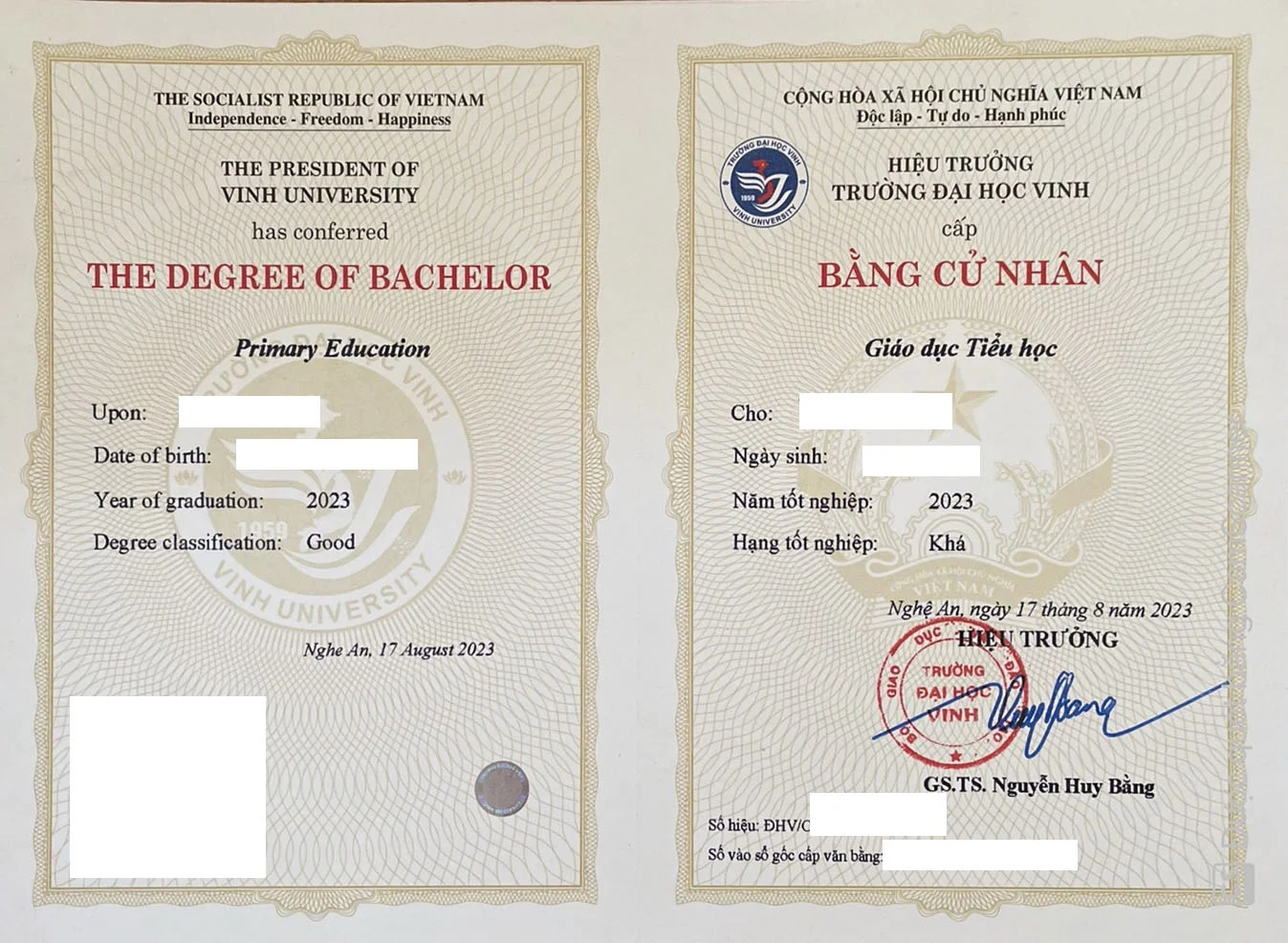 Bằng tốt nghiệp Đại học Sư phạm tiểu học - Đại học VINH cấp