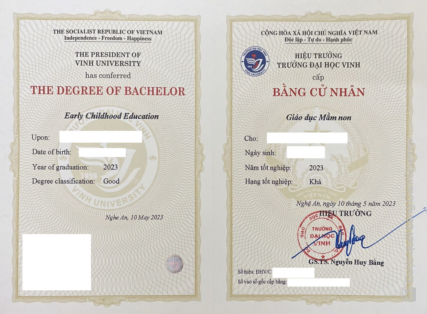 Bằng tốt nghiệp Đại học Sư phạm mầm non - Đại học VINH cấp