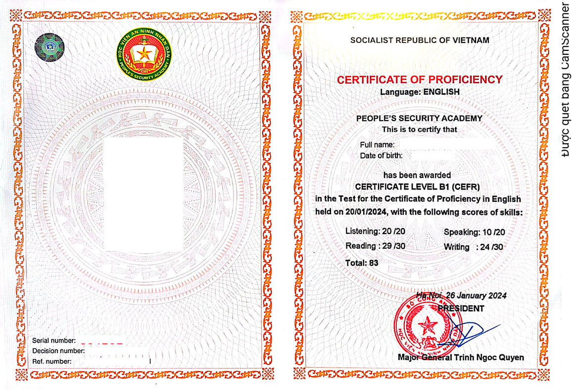 Mẫu Chứng chỉ Tiếng anh B1 - Học viên An ninh nhân dân cấp