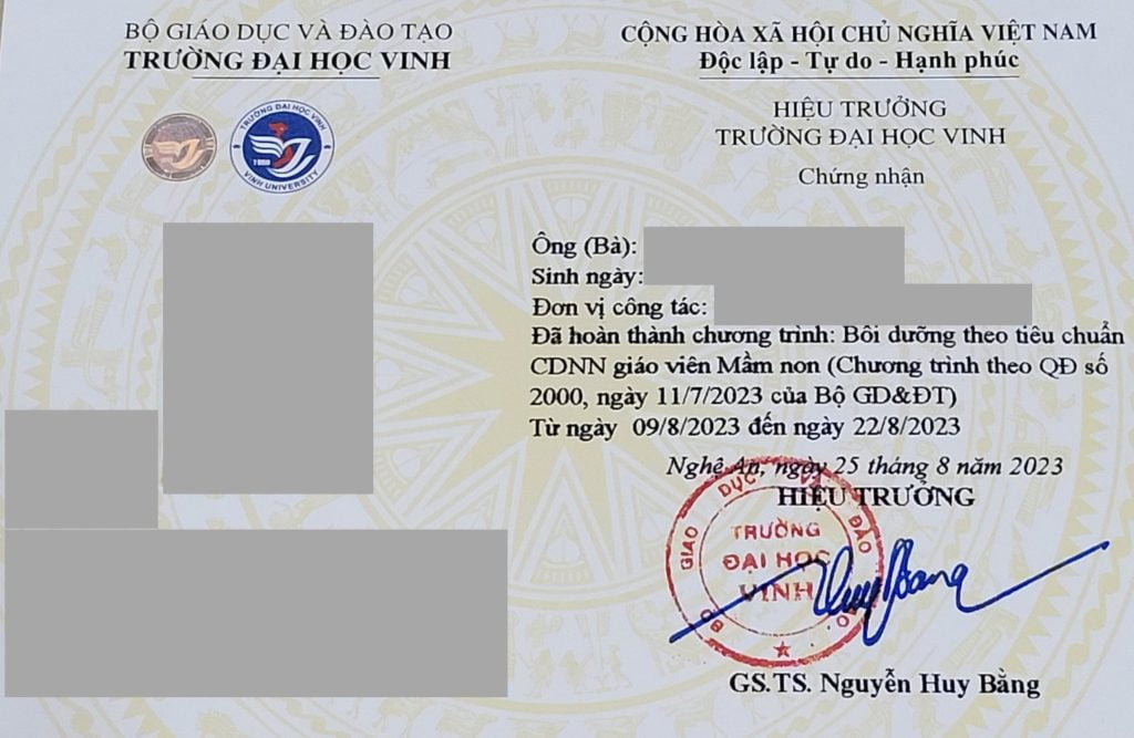 Mẫu Chứng chỉ Chức danh nghề nghiệp - Đại học VINH cấp