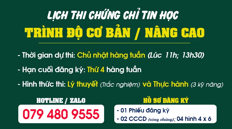 Lịch thi Chứng chỉ Tin học Cơ bản - Tin học Nâng cao