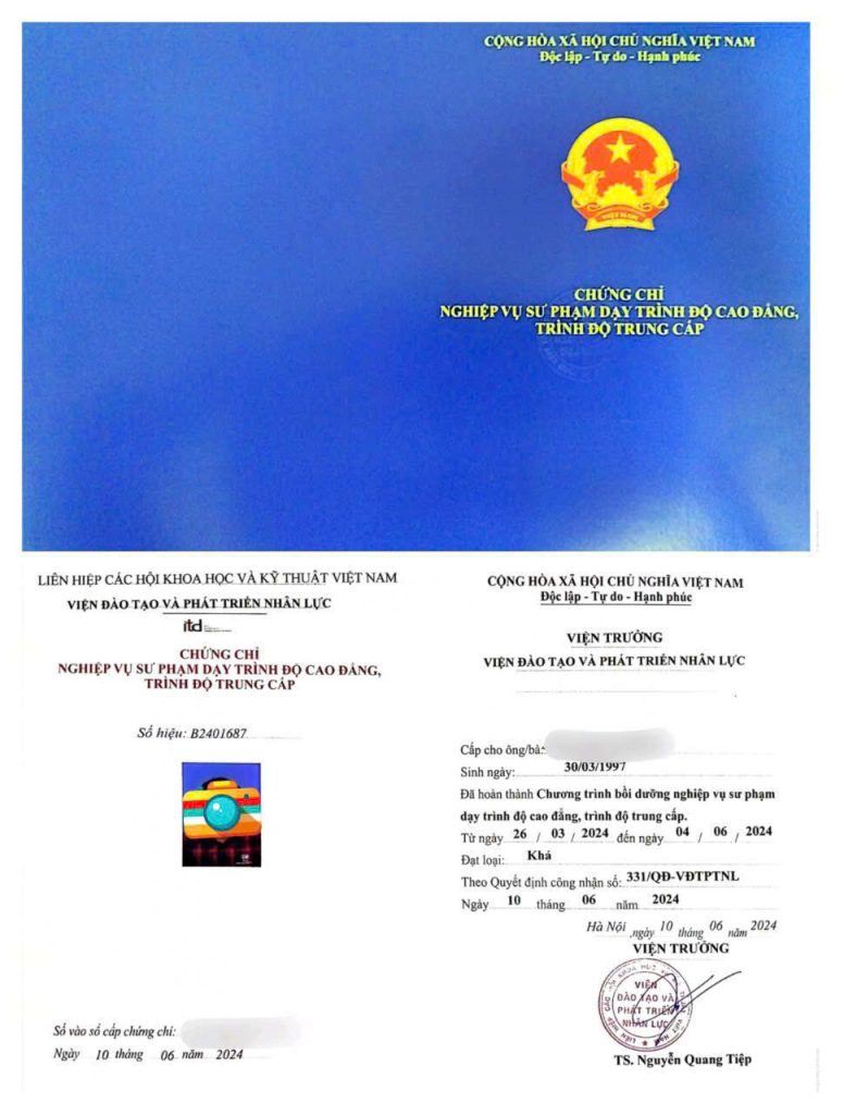Mẫu Chứng chỉ Nghiệp vụ Sư phạm Trung cấp, Cao đẳng